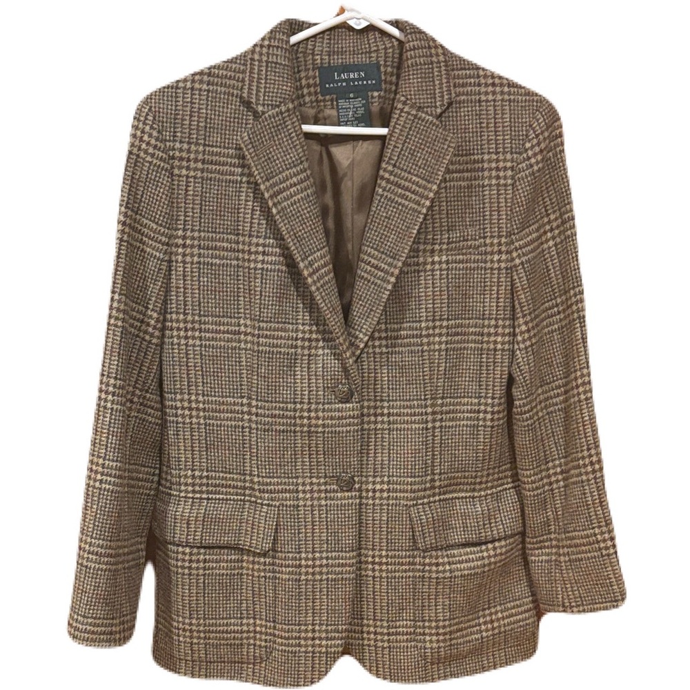 Lauren Ralph Lauren Equestrian Tweed Blazer Pure Wool Tan Beige Sz 6